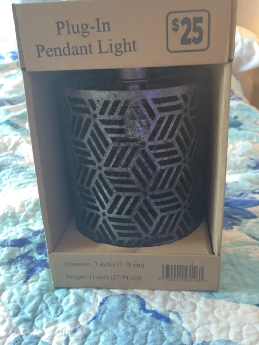 Plug In Pendant Light with cylindrical geometric cut-out metal shade